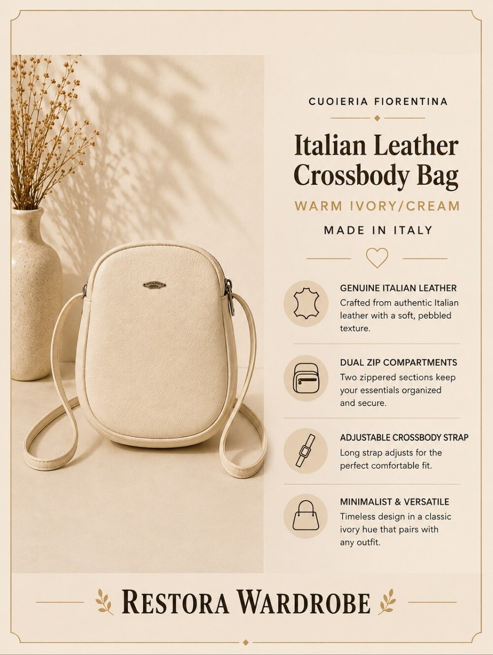 Cuoieria Fiorentina Quiet Luxury Ivory Italian Leather Dual Zip Crossbody Bag